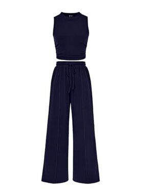 PRETTYGARDEN 2 Piece Lounge Set Sleeveless Tank Top Wide Leg Pants Ribbed Knit